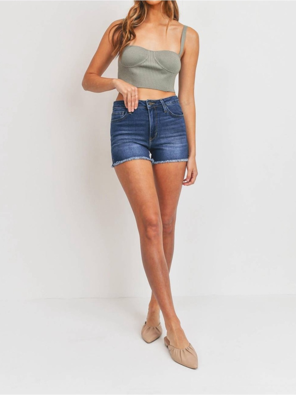 Just Black 3" Weekend High-Waist Indigo Frayed Hem Cutoff Denim Shorts (28)